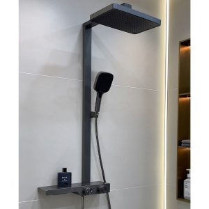 Multi-Function All-Copper Bathroom Shower Set with Integrated Shelf - Gunmetal Grey