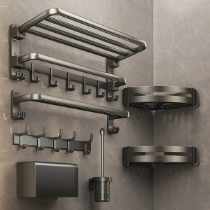 Space Aluminum No-Drill Towel Rack Set - Gunmetal Grey Wall-Mounted Organizer